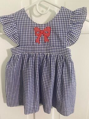Blue Gingham Girls' Summer Dress with Red Bow Accent